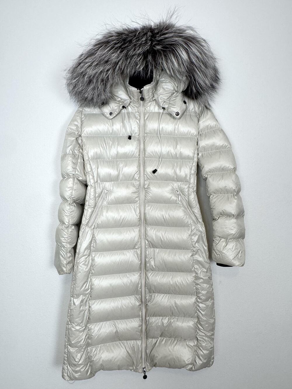 Snowman Down Puffer Coat Womens Small Pearl White Long Hood Fox Fur Trim